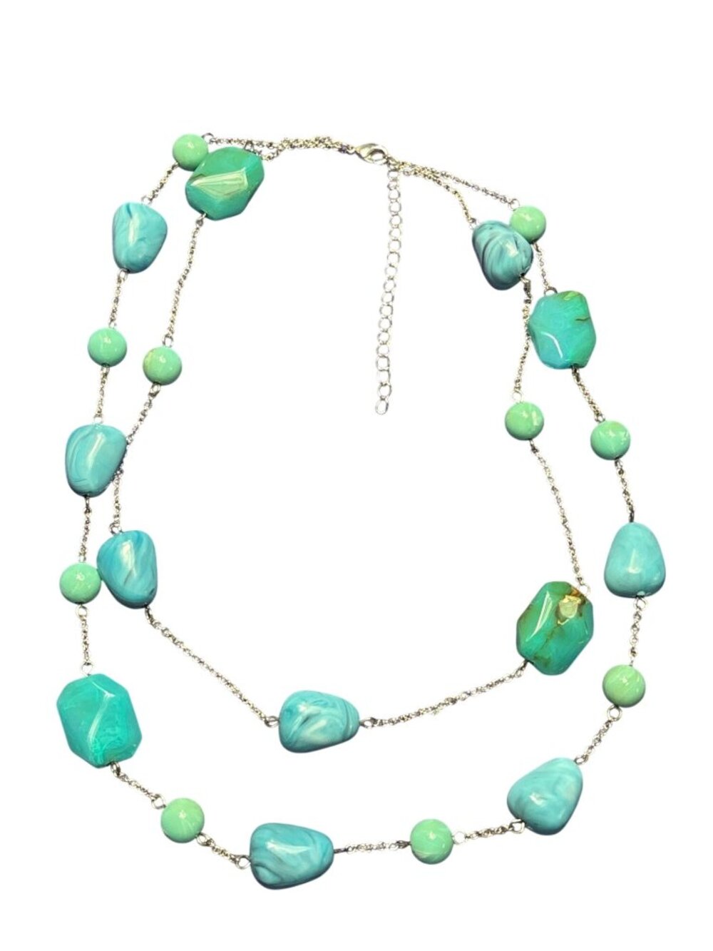 Plastic Swirled Station Beaded Silvertone Chain Necklace 2 Strands Blue Green